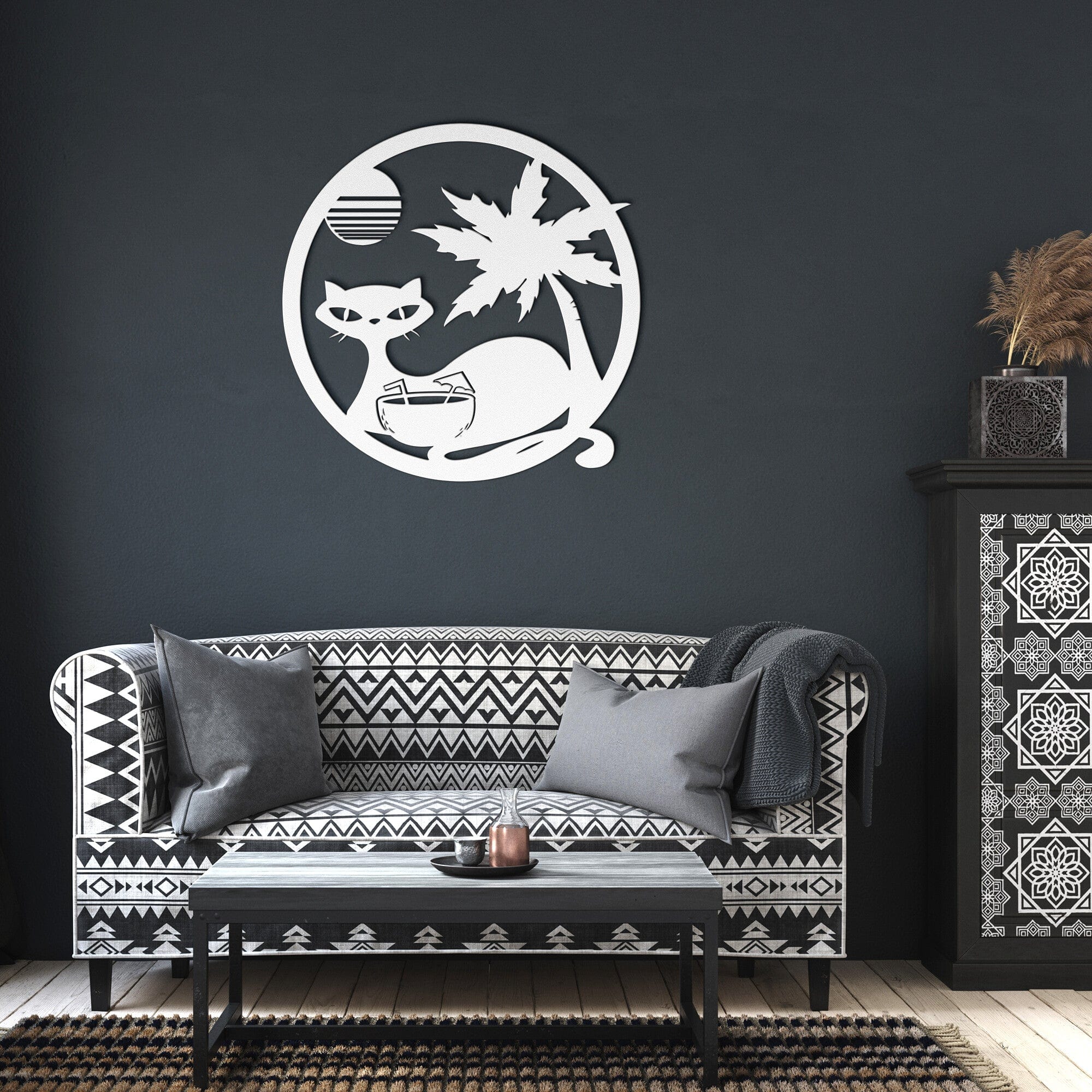 Atomic Cat, Tropical Palm Tree Decor, Retro, Poolside, Cocktail Mid Century Modern Art Wall Art White / 12 Inch