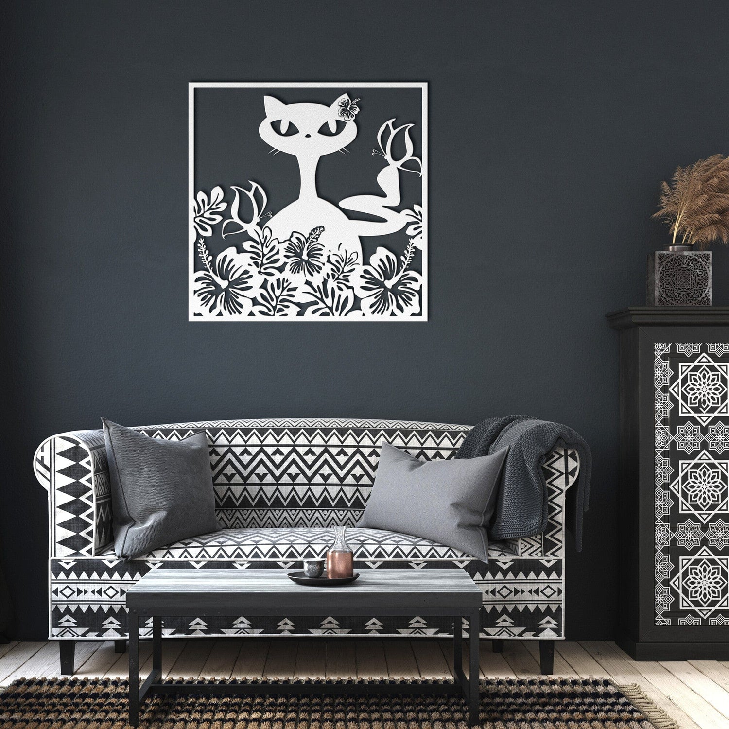 Hawaiian Retro, Mid Mod Cat, Hibiscus Flowers, Tropical Mid Century Modern Wall Art Wall Art White / 12 Inch