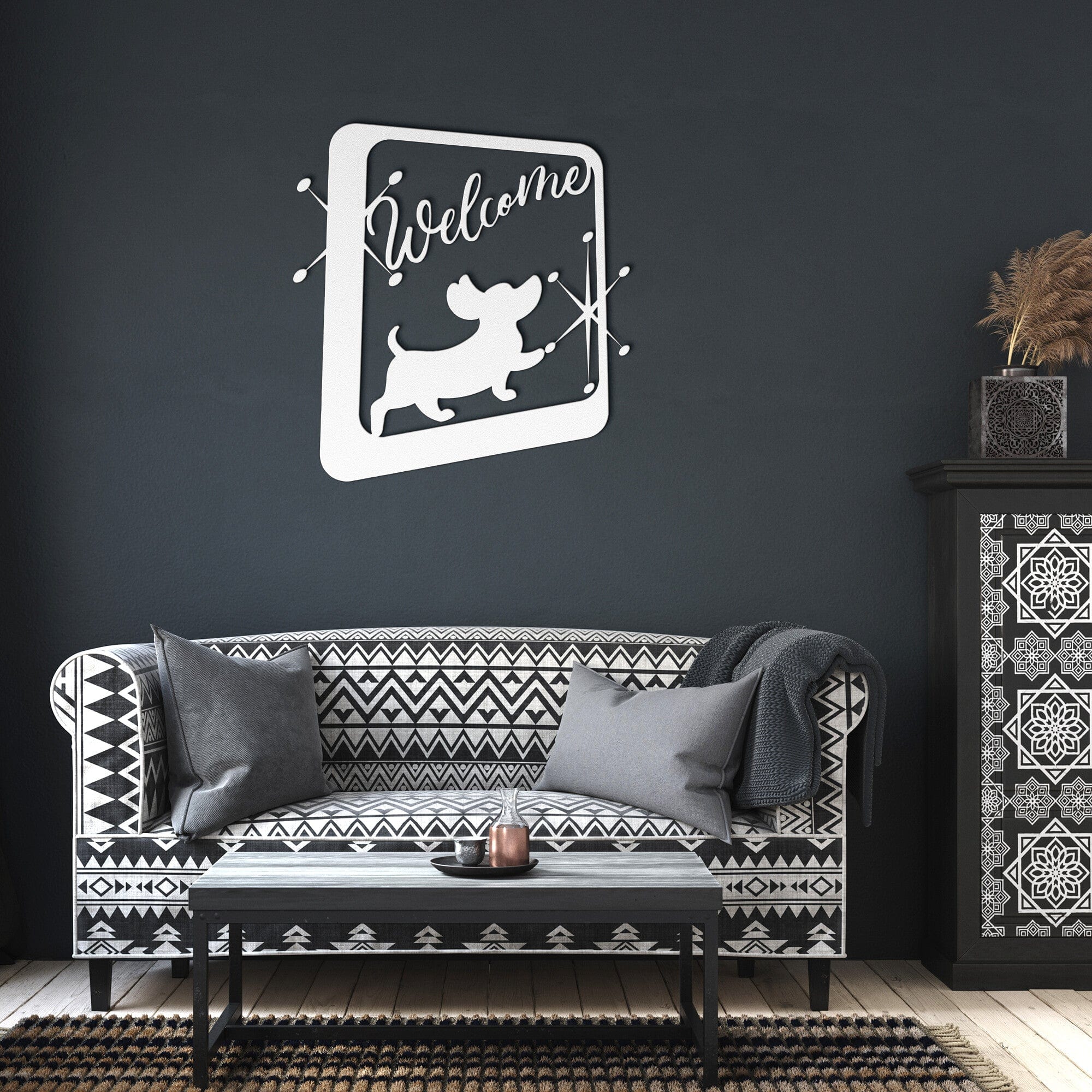 Retro Metal Wall, Art Funny Dachshund Welcome Dachshund Lover, Owner Housewarming Gift, Dachshund Decor Mid Century Modern Geometric Art Wall Art White / 12 Inch