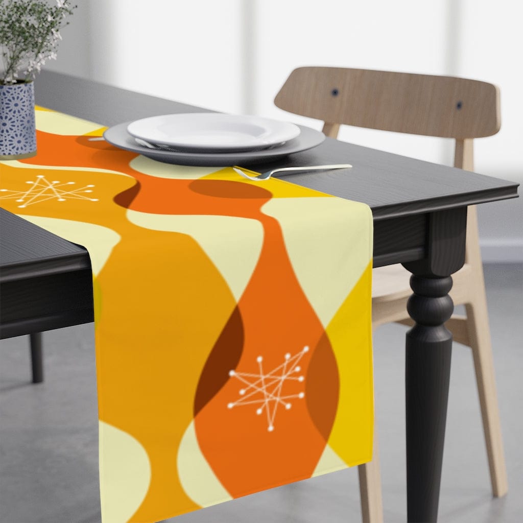 Atomic Retro Groovy Mustard Yellow, Orange Mid Century Modern Table Runner Home Decor White / 90'' × 16''