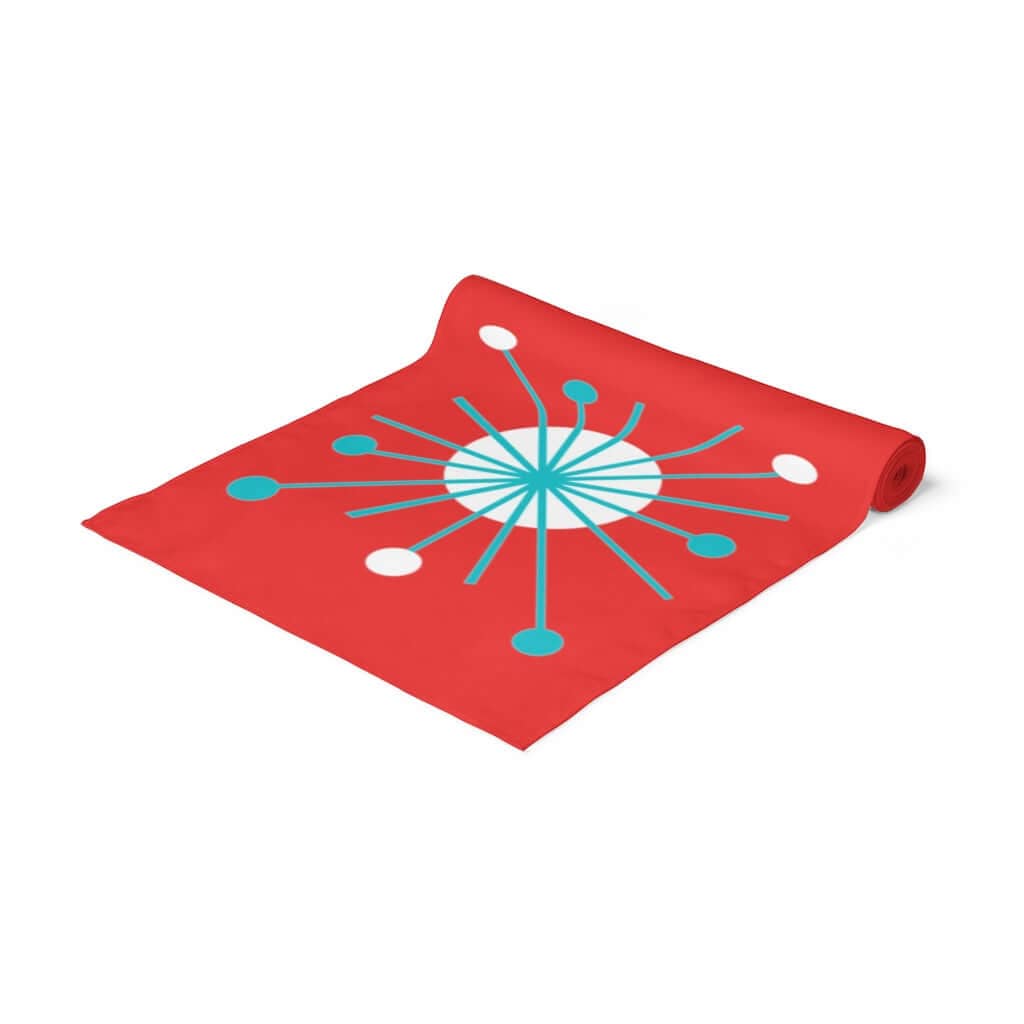 MCM Atomic Astro Burst Red, Aqua Blue, White Mid Century Modern Table Runner Home Decor White / 90'' × 16''