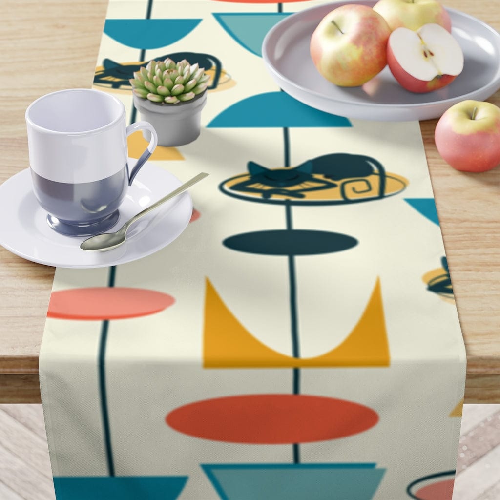 MCM Retro Cool Atomic Cat, 1950's Mid Century Modern Table Runner Home Decor White / 90'' × 16''