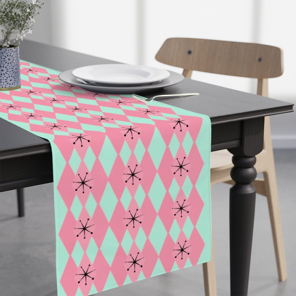 Retro Table Runner 50's Mint Green, Hot Pink Harlequin Diamond Mid Century Modern Kitchen, Livingroom, Bedroom Decor Home Decor White / 90'' × 16''