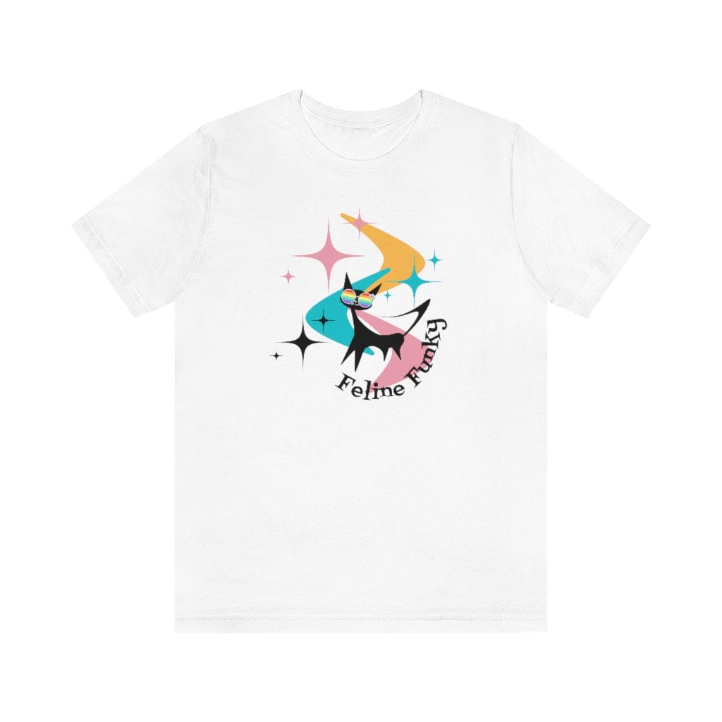 Mid Century Modern, Cat Mod, Black Cat Lover, Groovy, Funny Retro Tees, Feline Funky, MCM Boomerangs, Atomic Starburst Gifts For Her T-Shirt White / L