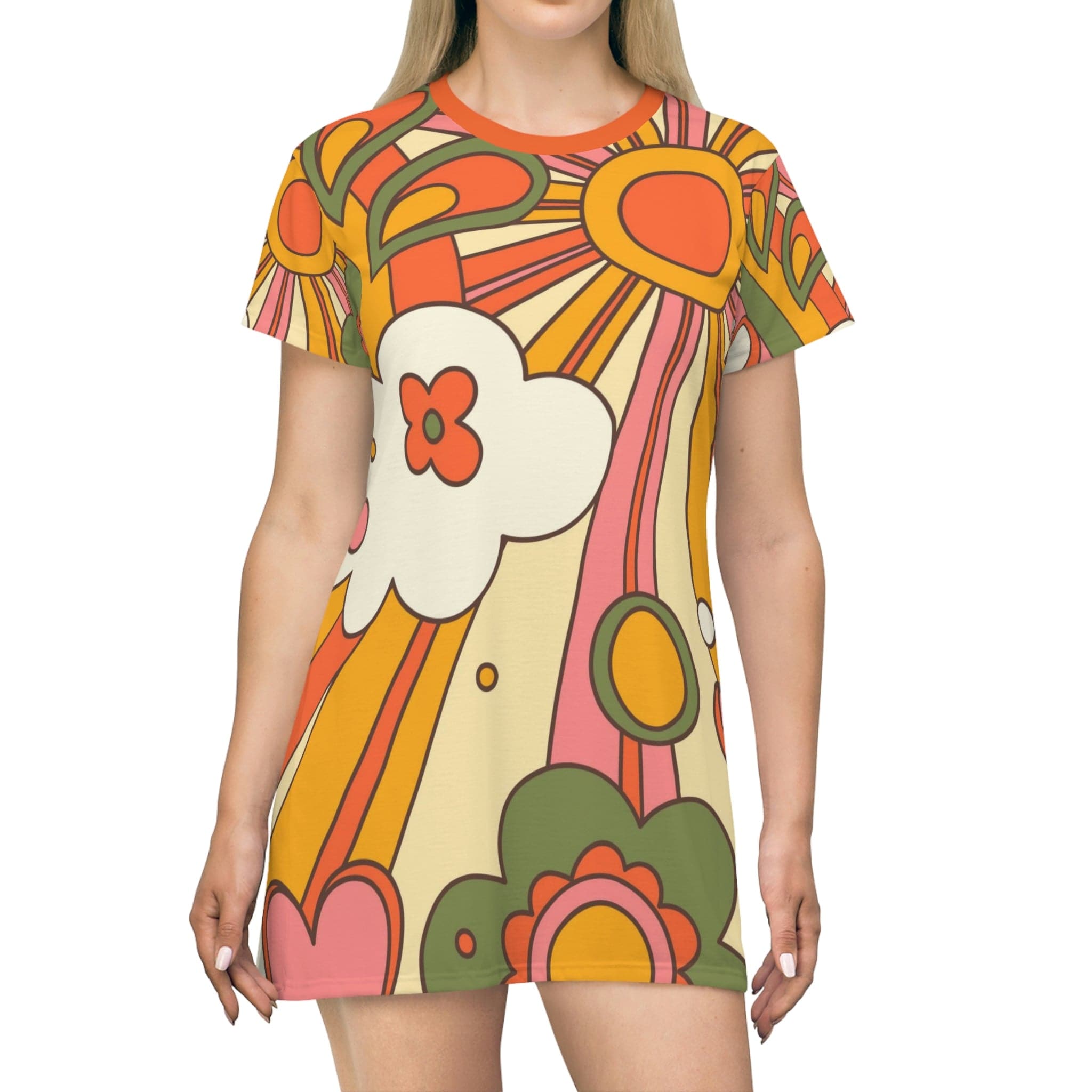 70's Party Dress, Groovy Sun, Flower Power, Hippie, Hipster Vibes, Orange, Yellow, Green T-Shirt Dress S 70's Party Dress, Groovy Sun, Flower Power, Hippie, Hipster Vibes, Orange, Yellow, Green T-Shirt Dress S