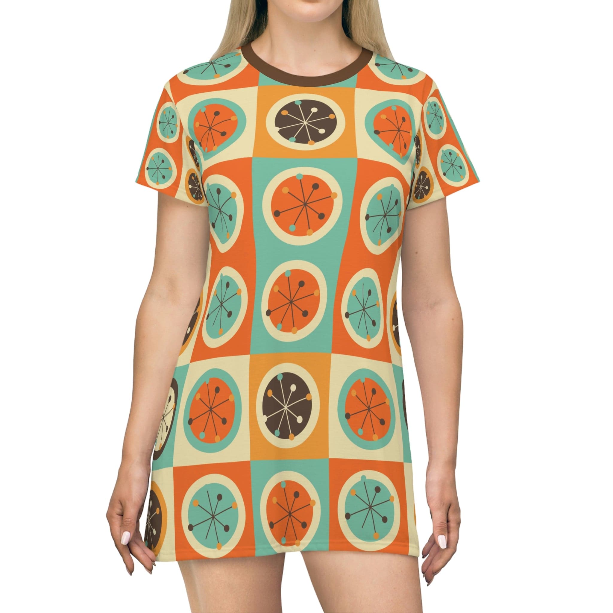 70's Retro Groovy, Disco Party, Mid Mod,Circle, Atomic Starburst Women's T-Shirt Dress In, Orange, Brown, Aqua, Mustard Yellow, Burnt Orange XS 70's Retro Groovy, Disco Party, Mid Mod,Circle, Atomic Starburst Women's T-Shirt Dress In, Orange, Brown, Aqua, Mustard Yellow, Burnt Orange XS