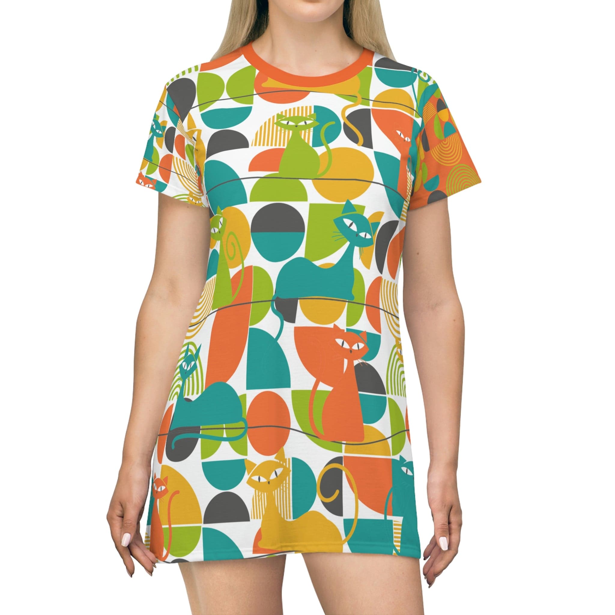 Atomic Cats, Groovy, Geometric, Bold Orange, Yellow, Teal, Funky 70's Style, Disco Party, Retro T-Shirt Dress XS Atomic Cats, Groovy, Geometric, Bold Orange, Yellow, Teal, Funky 70's Style, Disco Party, Retro T-Shirt Dress XS