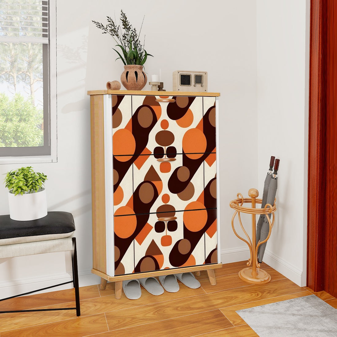 Mid Century Modern Retro Orbs, Groovy MCM Shoe Rack Cabinet - Mid Century Modern Gal