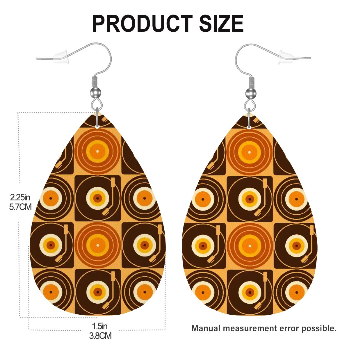 Groovy Retro Record Players, Brown Orange Yellow Vegan Leather Teardrop Earrings - Mid Century Modern Gal