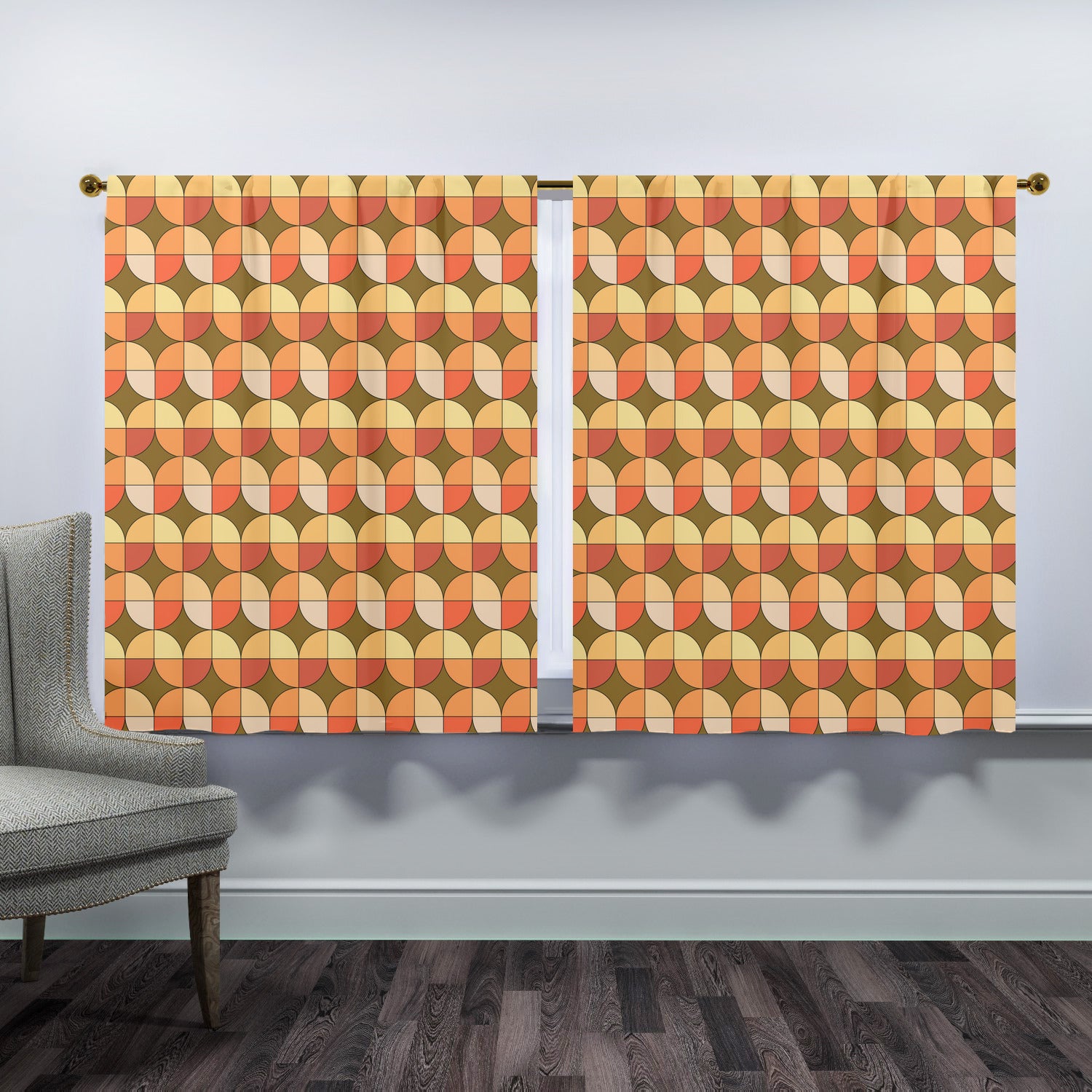 Mid Century Modern Scandinavian Geometric Green, Orange Retro Window Curtains (two panels) - Mid Century Modern Gal