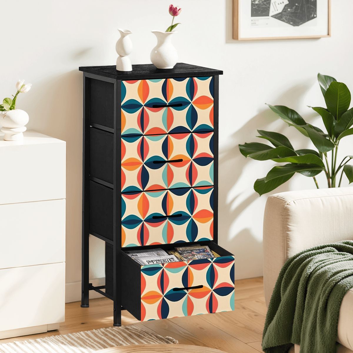 Mid Century Modern Scandinavian Blue, Orange, Teal 60s Geometric Pattern 4-Drawer Dresser - Mid Century Modern Gal