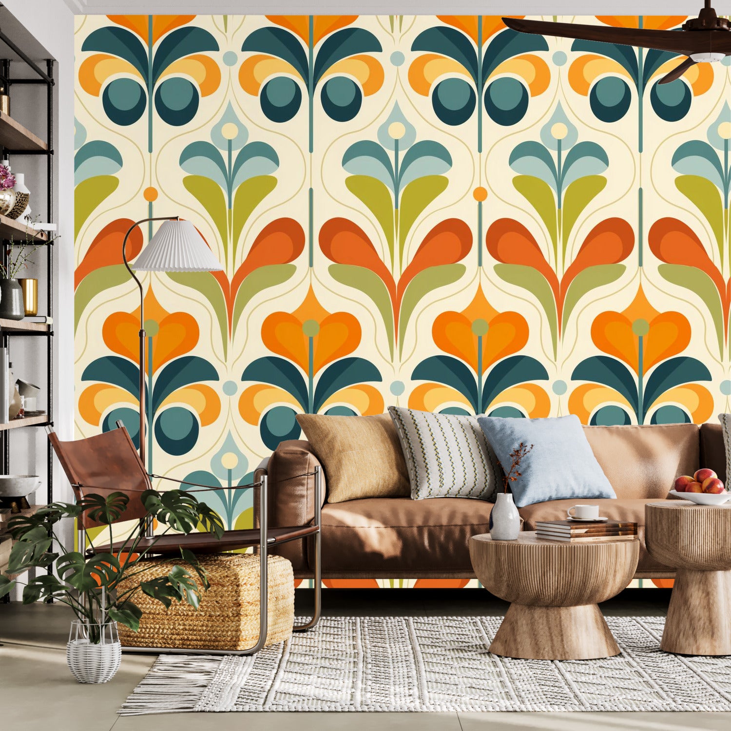 Scandinavian Floral Orange Blue, Green, Mid Mod Peel And Stick Wall Murals - Mid Century Modern Gal