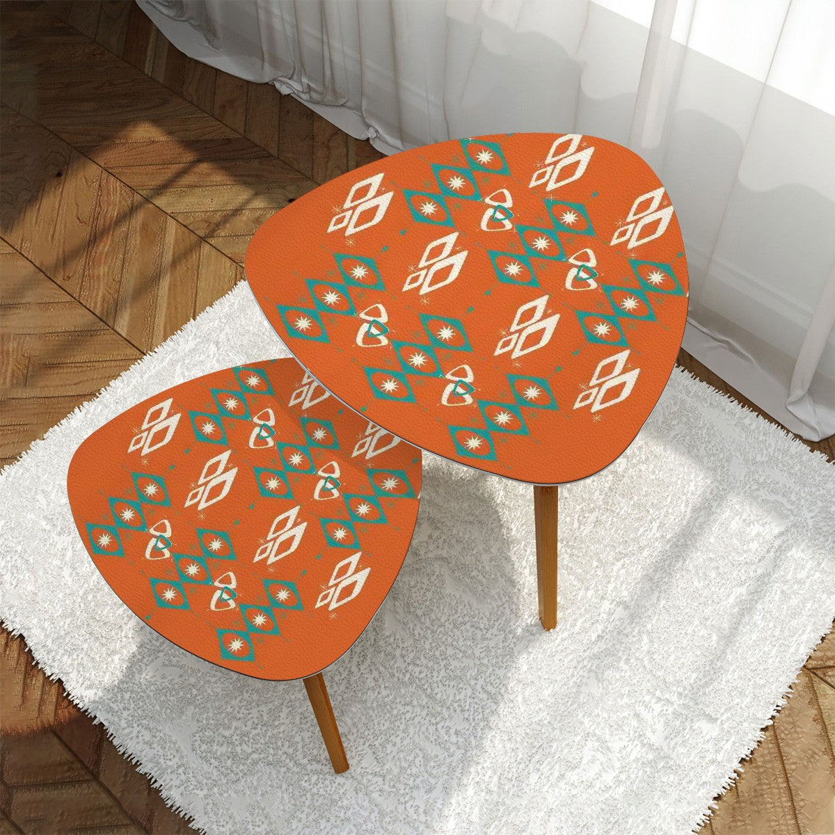 Mid Century Modern Furniture, Sinatra Orange, Teal Geometric Mid Mod Nesting Tables - Mid Century Modern Gal