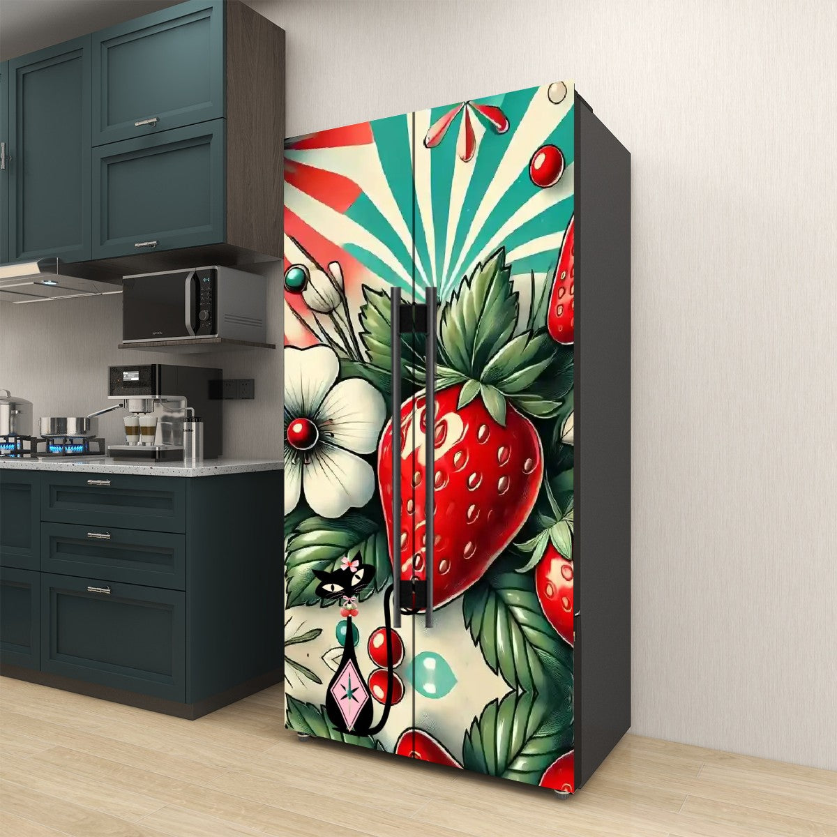 Atomic Cat Vintage Strawberry Retro Mod Self Adhesive Refrigerator Wrap Set - Mid Century Modern Gal