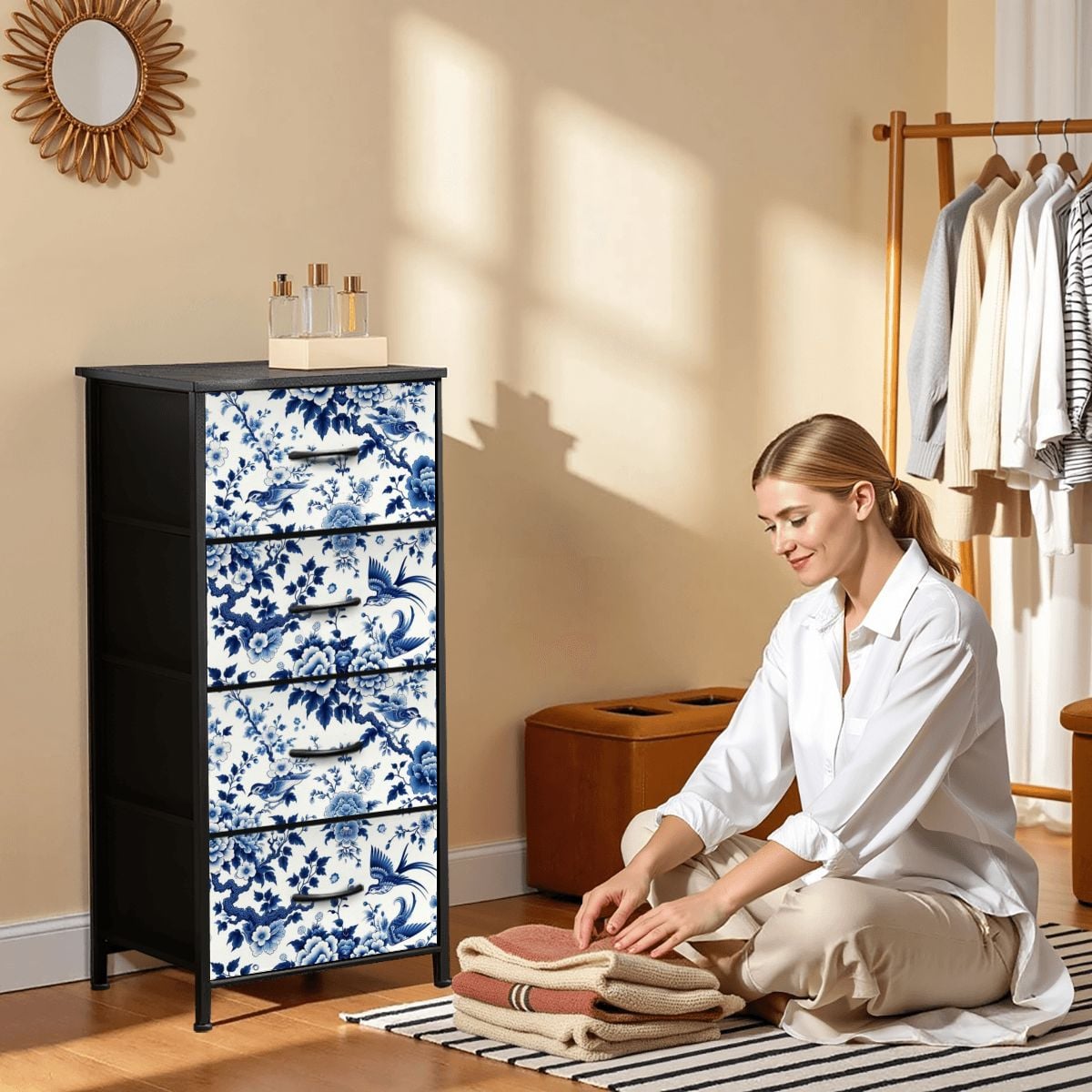Chinoiserie Blue Floral Mid Century Modern 4-Drawer Dresser - Mid Century Modern Gal