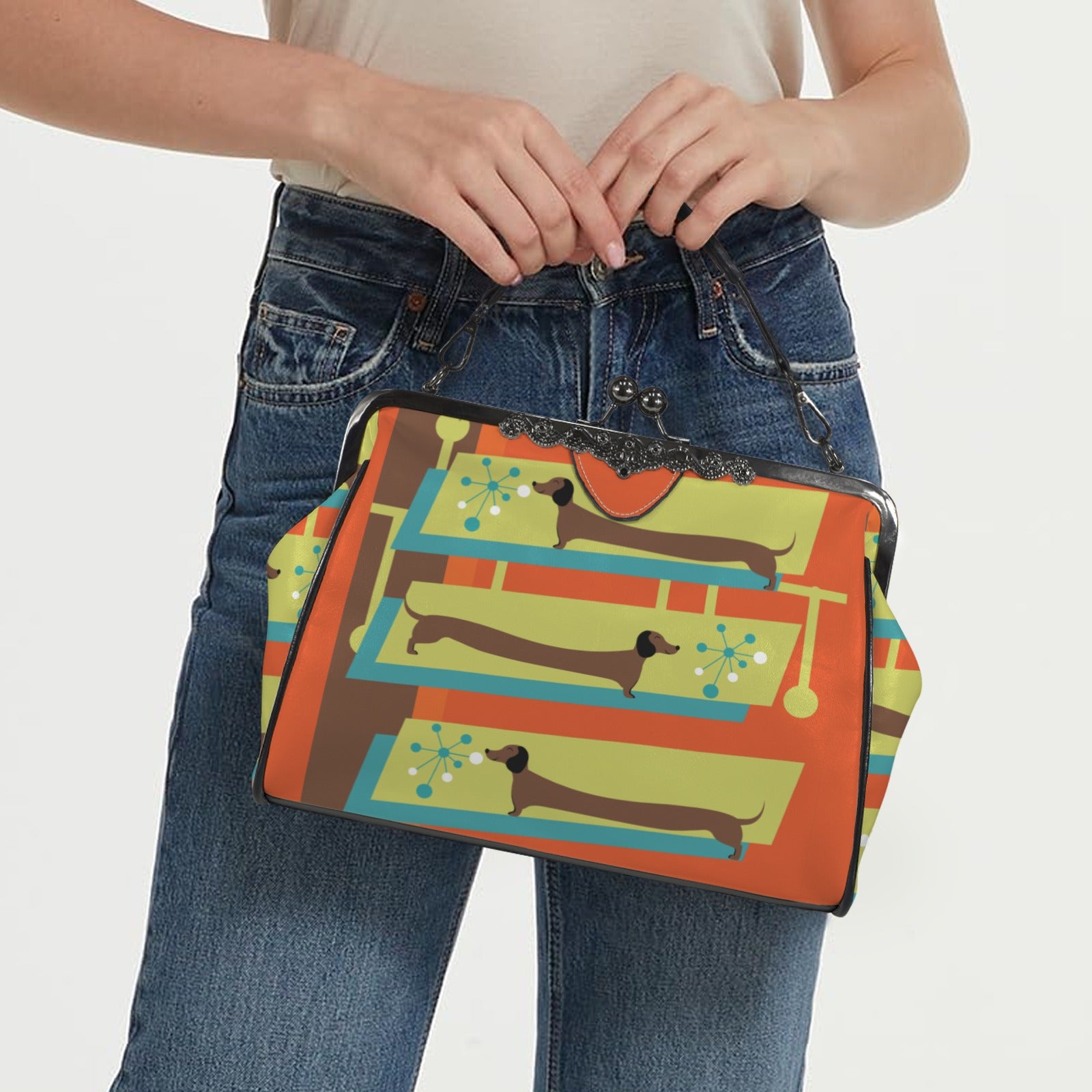 Mid Century Modern Doxie Weiner Dog Lover Retro Orange Kisslock Crossbody Purse - Mid Century Modern Gal