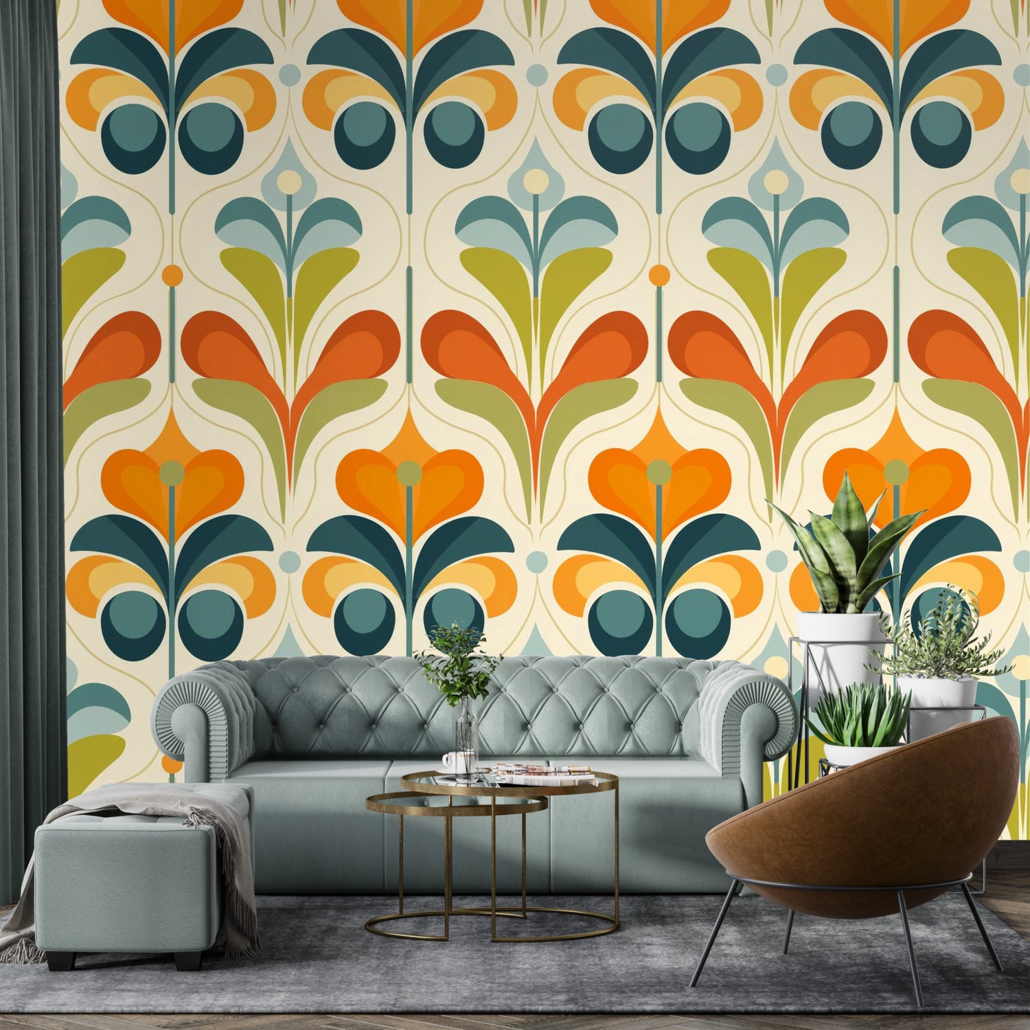 Scandinavian Floral Orange Blue, Green, Mid Mod Peel And Stick Wall Murals - Mid Century Modern Gal