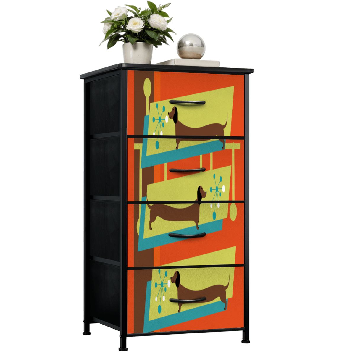 Mid Century Modern Doxie Weiner Dog Lover Retro Orange 4-Drawer Dresser - Mid Century Modern Gal