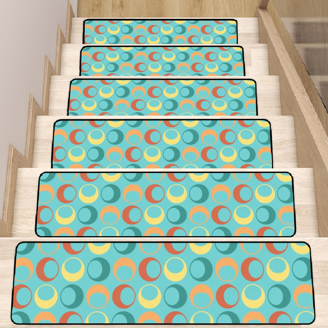 Mid Century Modern Aqua Retro Circles Mod Non Slip Carpet for Stairs Treads - Mid Century Modern Gal