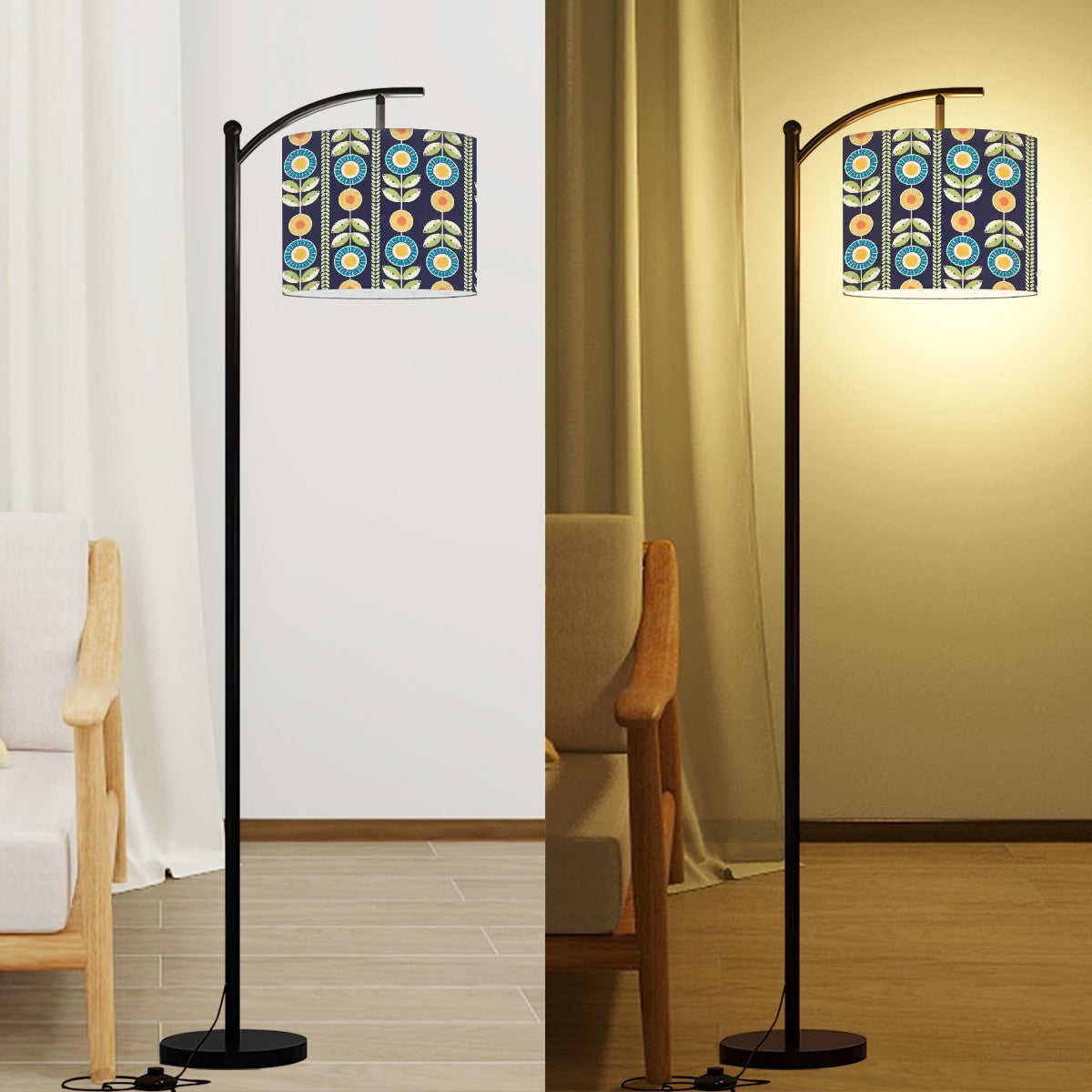 Modern Scandinavian Flower Blue, Orange Yellow Green Mid Century Modern Arc Floor Lamp - Mid Century Modern Gal