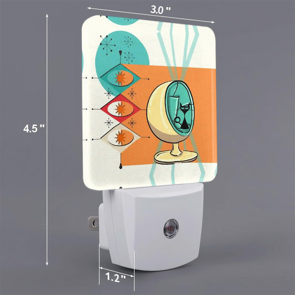 Atomic Cat In Egg Chair, Mid Mod Orange, Aqua Starburst LED Night Light Set of 2