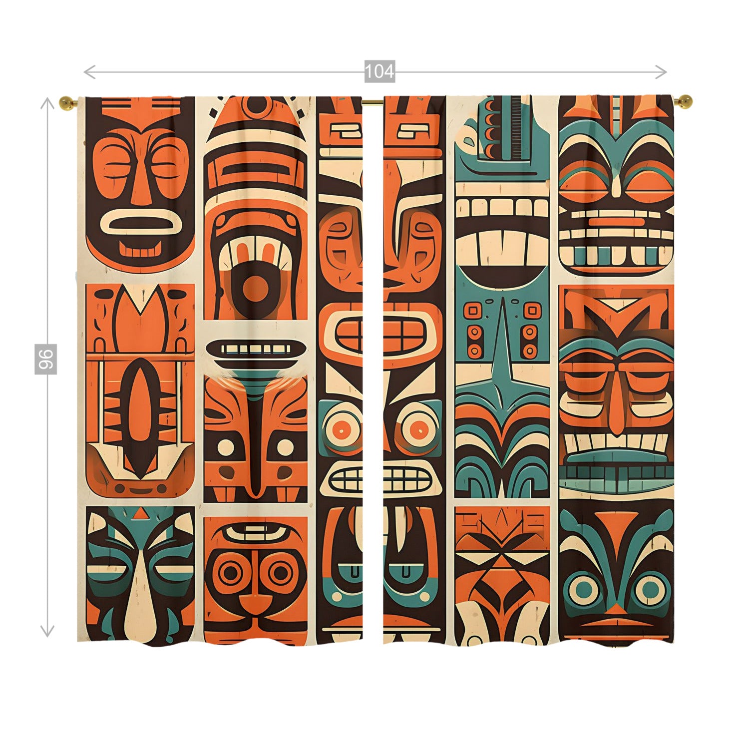 Tiki Idol Mid Mod Retro Orange, Teal Beige Window Curtains (two panels)