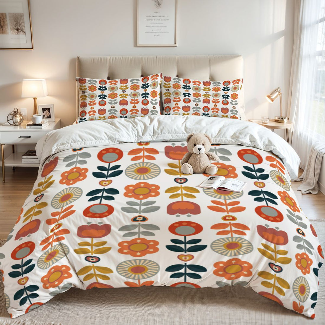 Scandinavian Modern Danish Floral Cheery Retro Mod Queen Duvet Cover Set - Mid Century Modern Gal