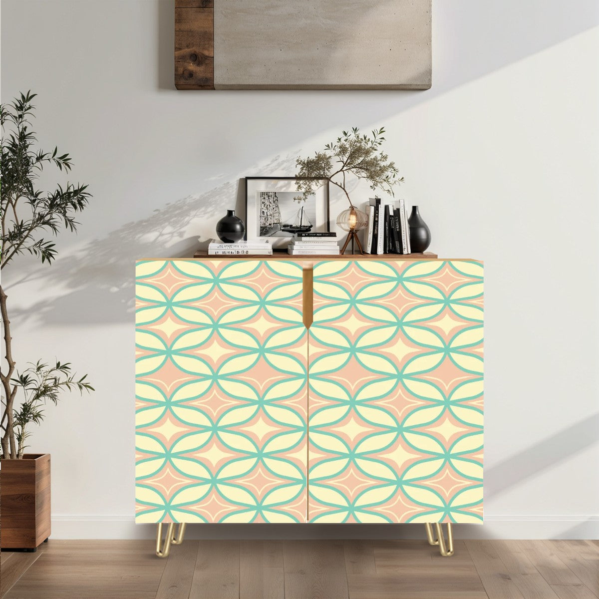 Mid Century Modern Sideboard, Starburst Diamond Pink, Mint Green, Wooden Storage Cabinet - Mid Century Modern Gal