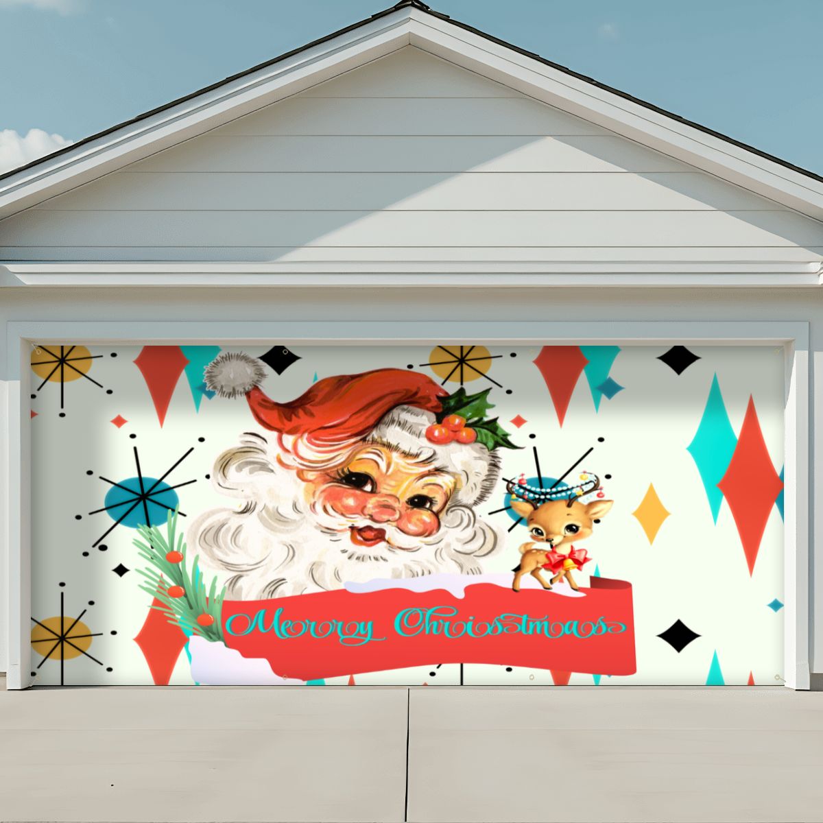 Vintage Smiling Santa, Reindeer Merry Christmas Retro Christmas Franciscan Starburst Garage Door Banner Backdrop - Mid Century Modern Gal