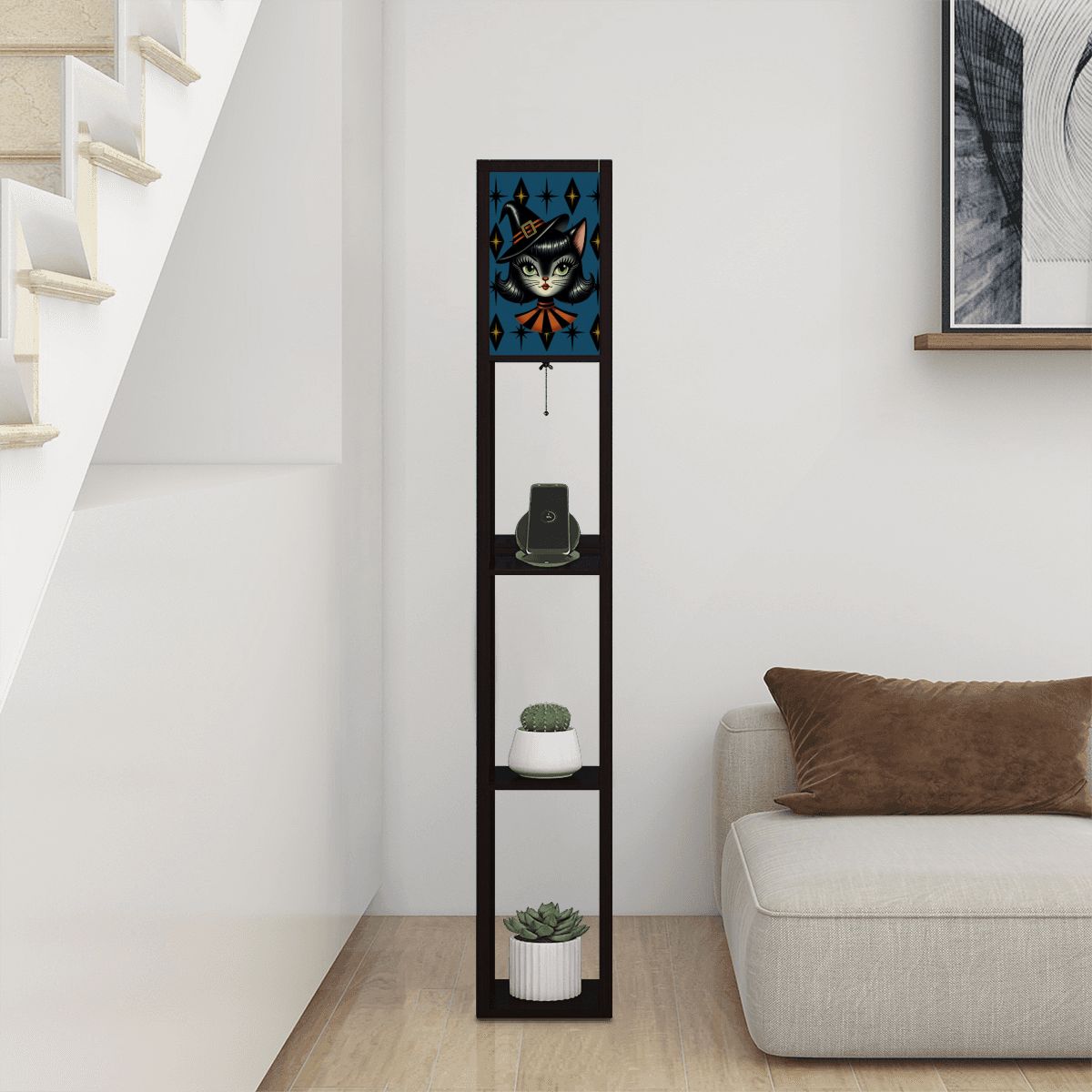 Vintage Halloween Black Cat Sexy Sexton Mid Century Modern Blue Floor Lamp with Shelves - Mid Century Modern Gal