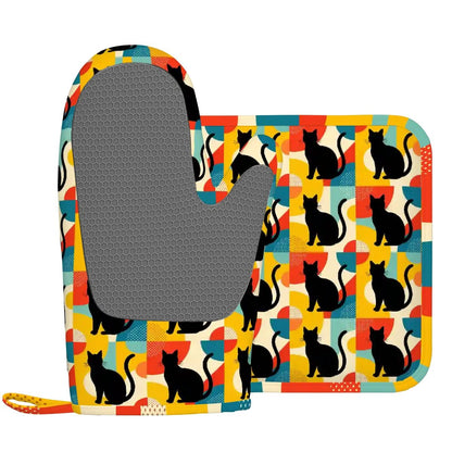 Pop Art Black Atomic Cats, Red Blue Yellow, Silicone Oven Mitts and Pot Holders Sets (Right Hand) - Mid Century Modern Gal
