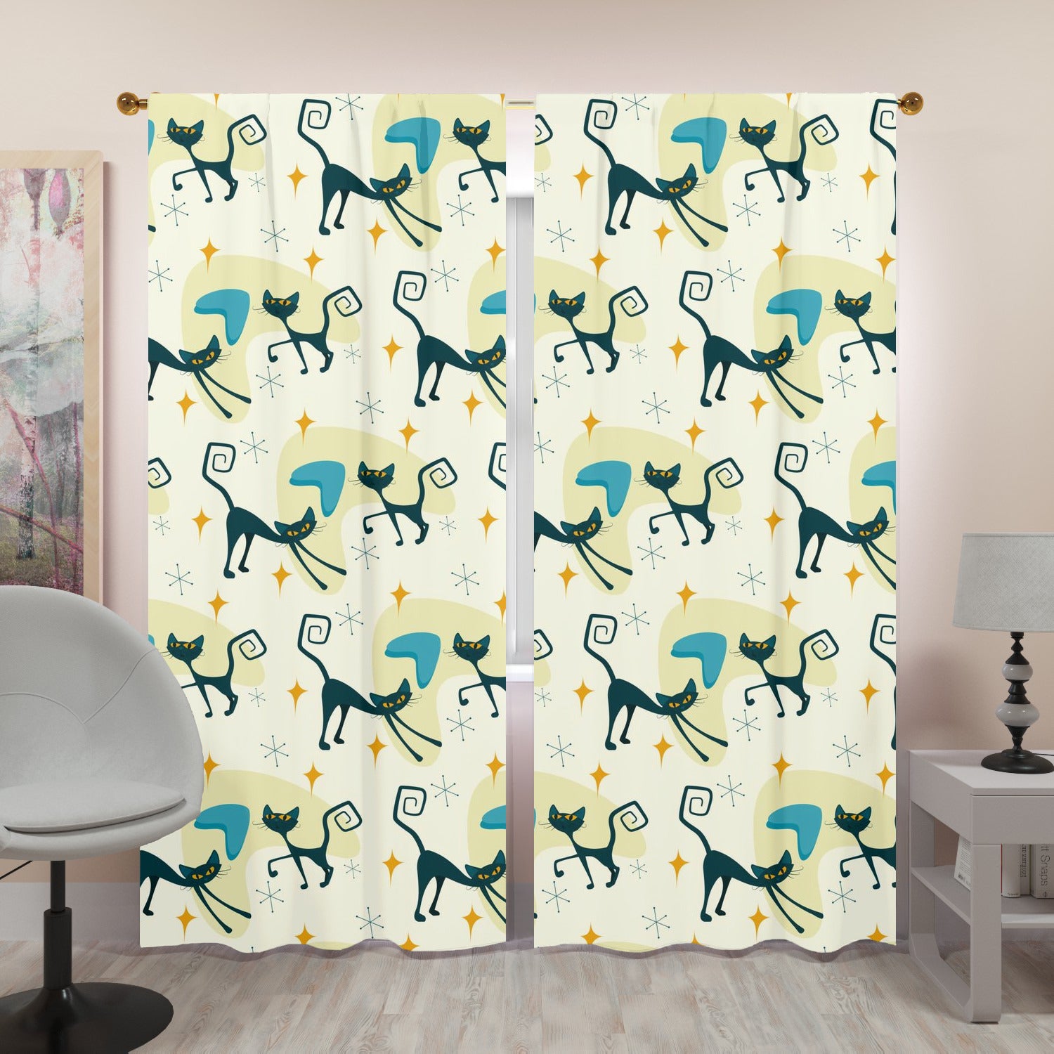 Atomic Cat Mid Century Modern Window Curtains (two panels)