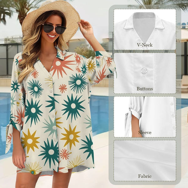 Atomic Starburst Mid Mod Retro Women's Cardigan Shirt Three-Quarter Sleeve Cover Up, Blouse