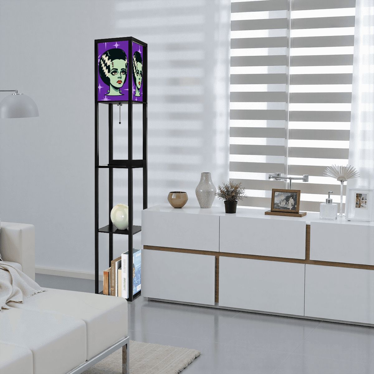Bride of Frankenstein Retro Mid Mod Horror Buff Purple Halloween Floor Lamp with Shelves - Mid Century Modern Gal