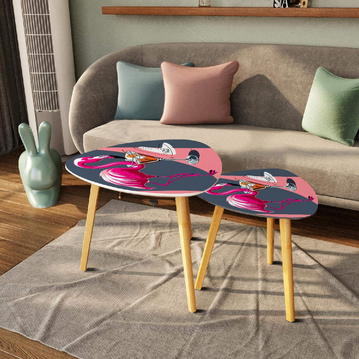 Mid Century Modern Flamingo Nesting Tables, Cocktail Tables, Mid Century Modern Barware Triangle Coffee Table Set of 2 - Mid Century Modern Gal