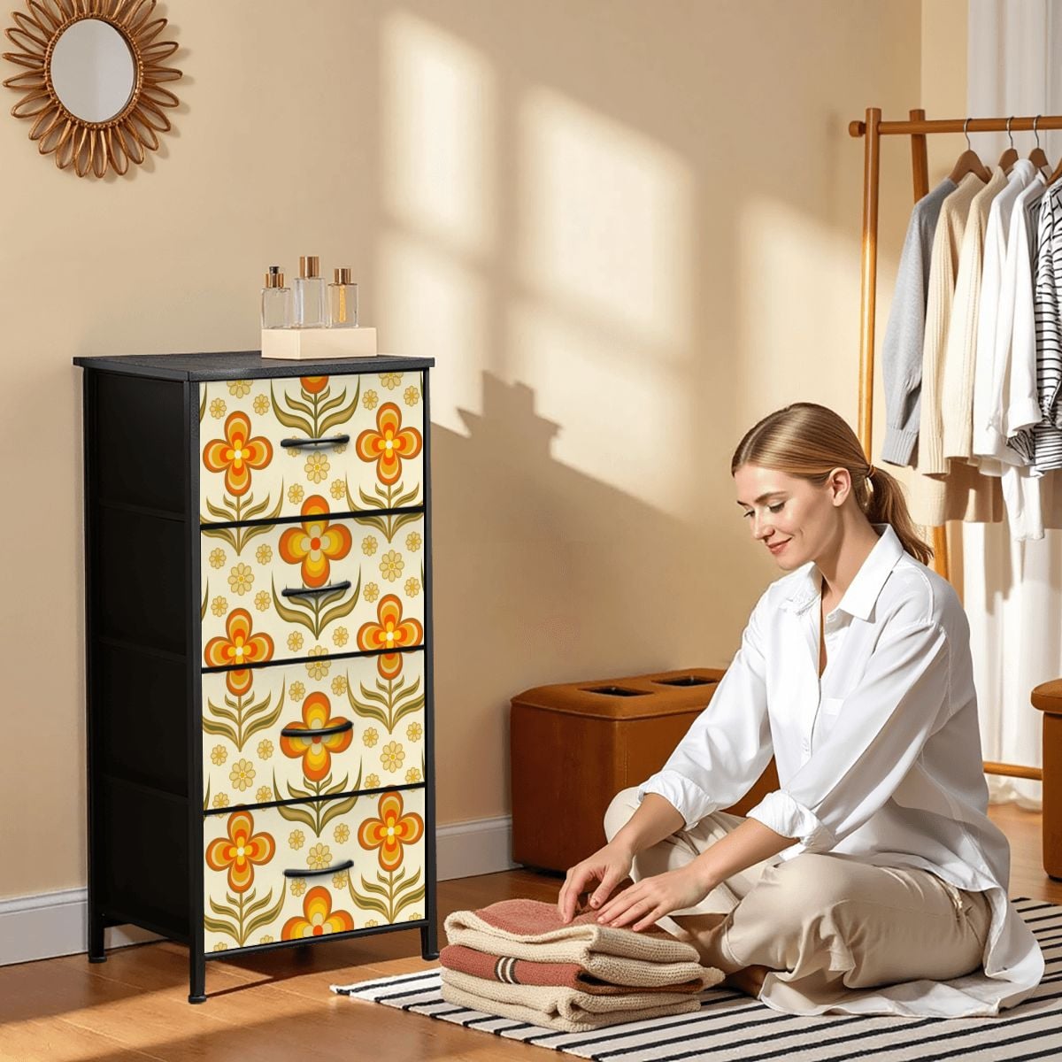 70s Retro Groovy Flower Power Floral Orange Yellow Green 4-Drawer Dresser - Mid Century Modern Gal