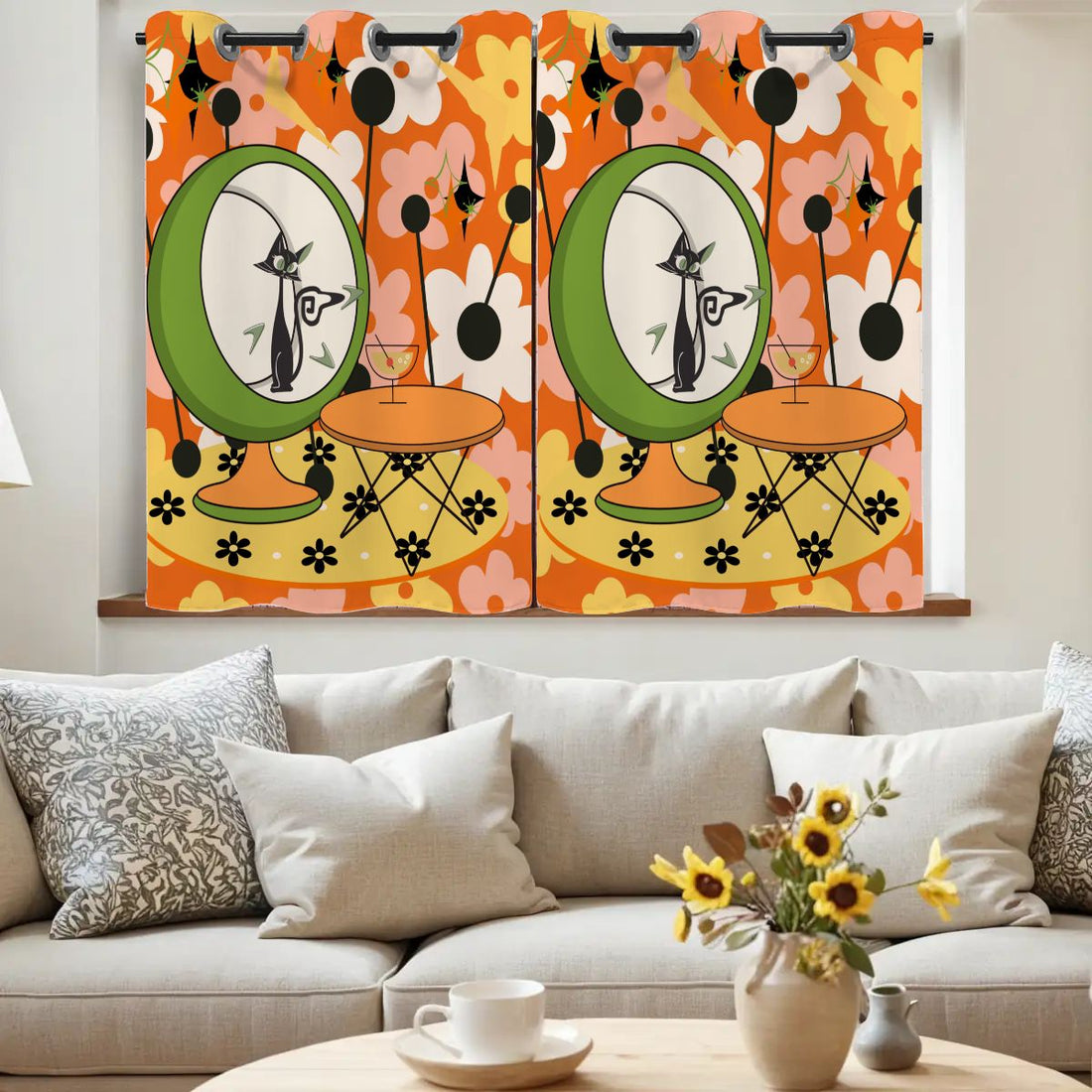 Retro Flower Power Pop Of Orange, Fun Funky Atomic Cat In Egg Chair Blackout Curtains 2 pcs - Mid Century Modern Gal