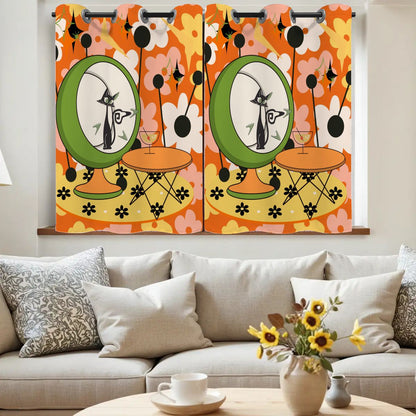 Retro Flower Power Pop Of Orange, Fun Funky Atomic Cat In Egg Chair Blackout Curtains 2 pcs - Mid Century Modern Gal