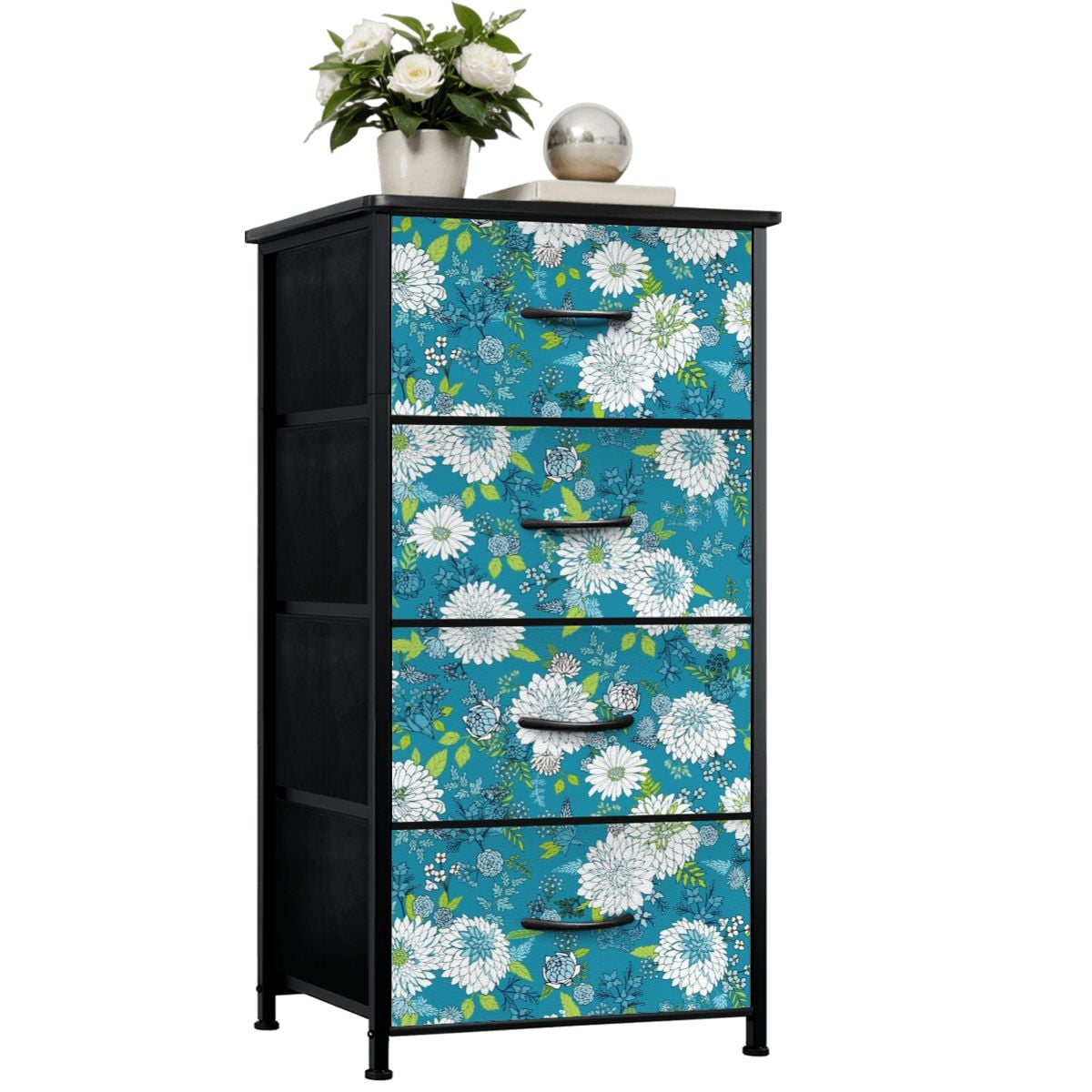 Chinoiserie Floral Teal Green White Elegant 4-Drawer Dresser - Mid Century Modern Gal
