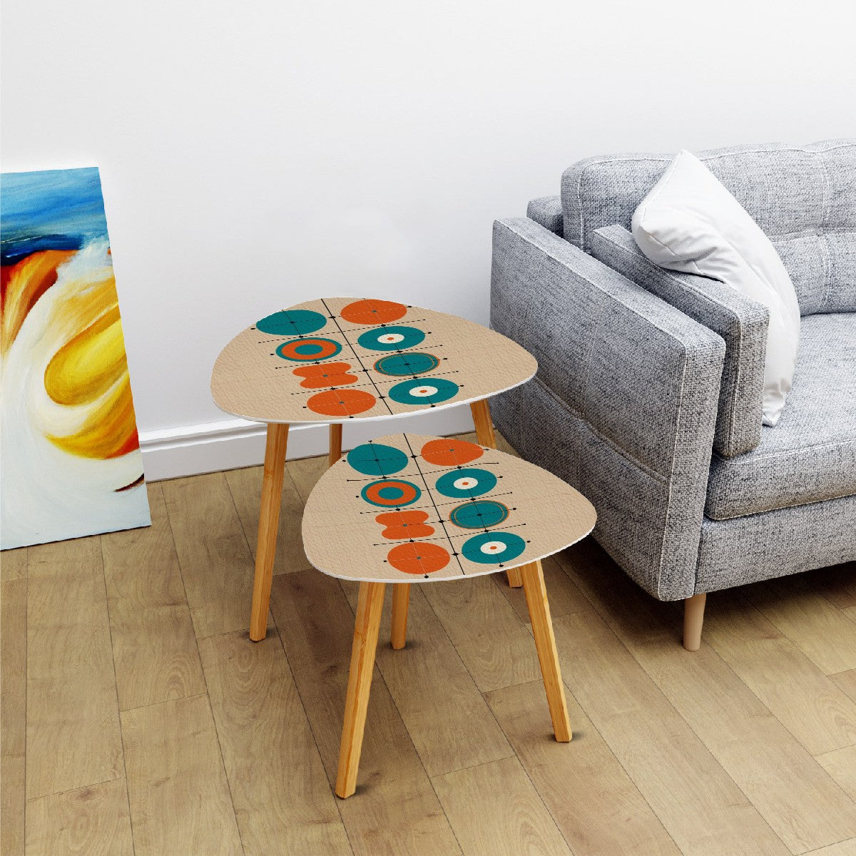 Mid Century Modern Minimalist Geometric Orange Teal Mid Mod Nesting Tables - Mid Century Modern Gal
