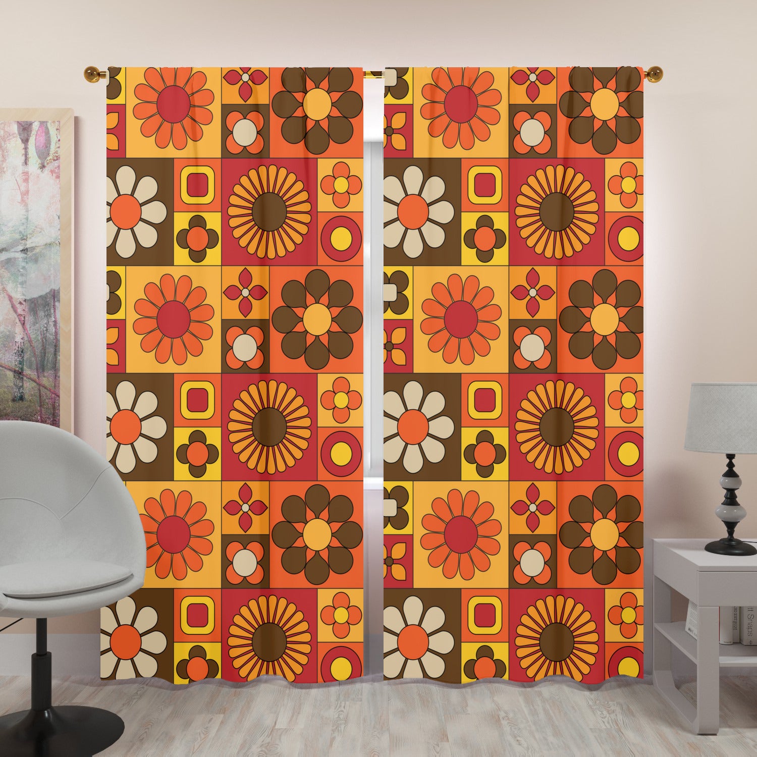 70s Flower Power Retro Orange Brown Yellow Mid Mod Window Curtains (two panels) - Mid Century Modern Gal