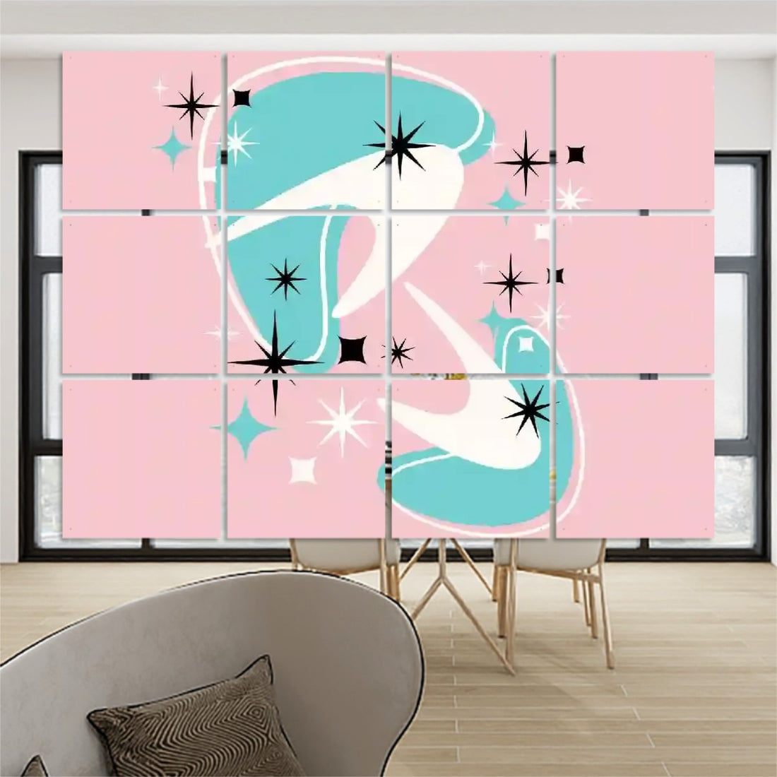 Mid Century Modern Atomic Pink, Aqua Boomerang Starburst Retro Hanging Room Divider 12 pcs