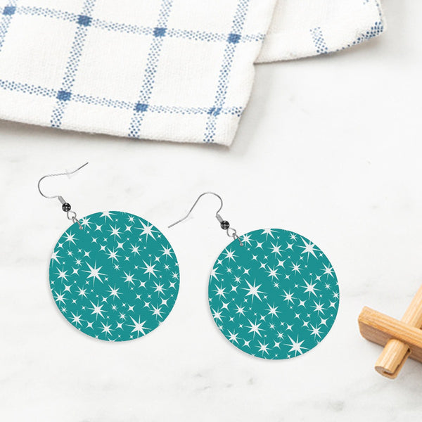Atomic Starburt Kitschy Mod Teal Faux Leather Round Earrings