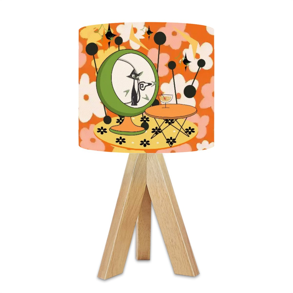 Retro Groovy Flower Atomic Cat Summer Vibes, Mid Mod Tripod Table Lamp - Mid Century Modern Gal