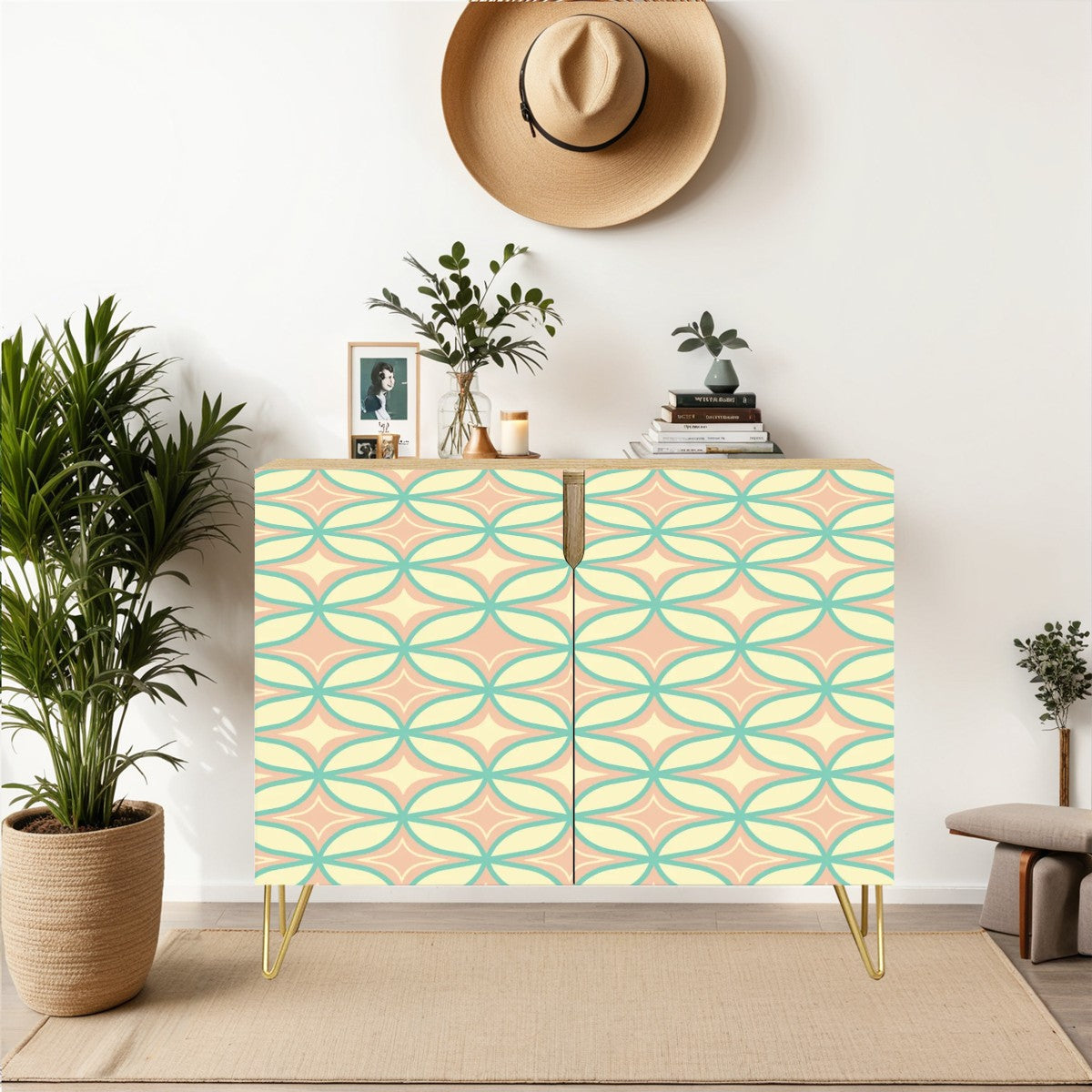 Mid Century Modern Sideboard, Starburst Diamond Pink, Mint Green, Wooden Storage Cabinet - Mid Century Modern Gal