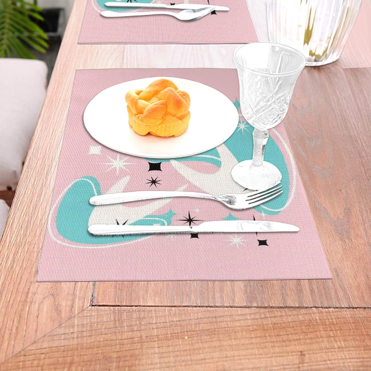 50s Pink Atomic Boomerang Aqua Blue White Mid Mod Woven Placemat - Mid Century Modern Gal