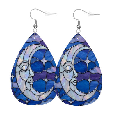 Halloween Stained Glass Style Night Sky Moon Stars Clouds Vegan Leather Teardrop Earrings - Mid Century Modern Gal
