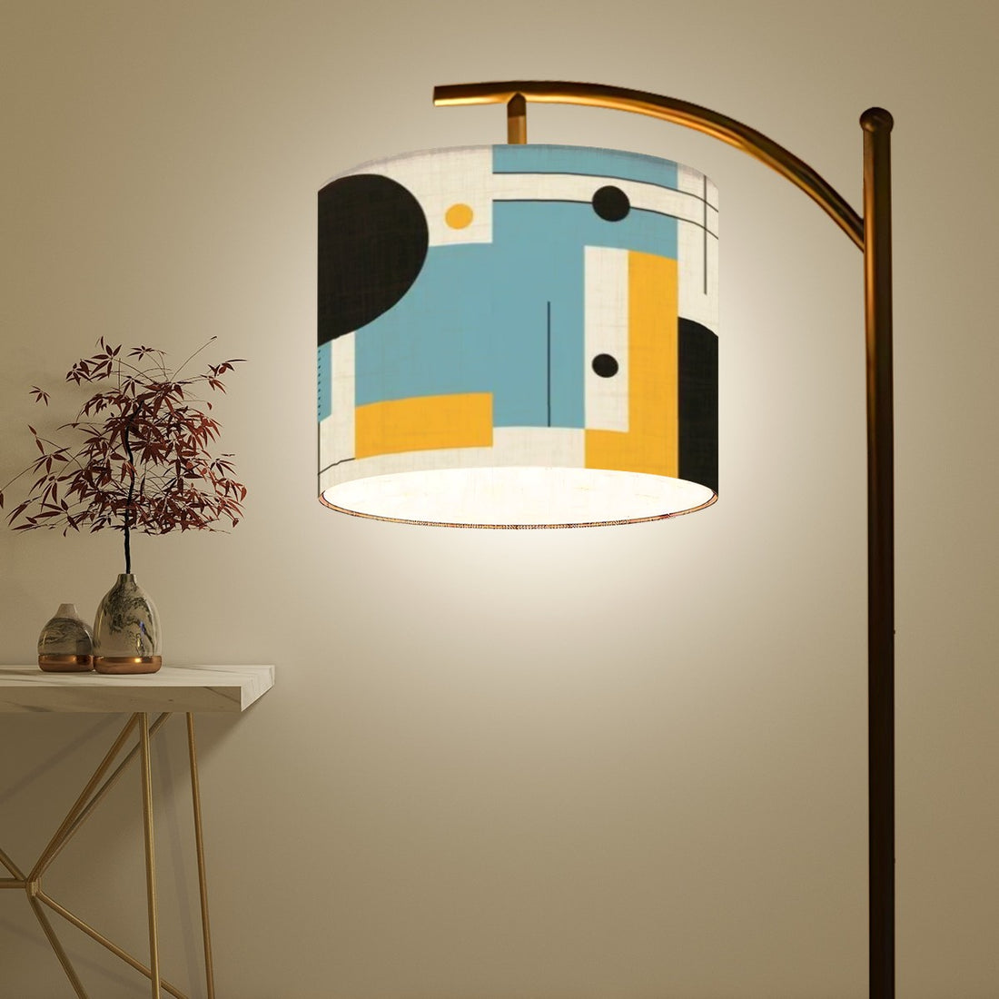 Mid Century Modern Arc Floor Lamp, Bauhaus Designed Shade WIth Geometric Blue, Yellow Black - Mid Century Modern Gal