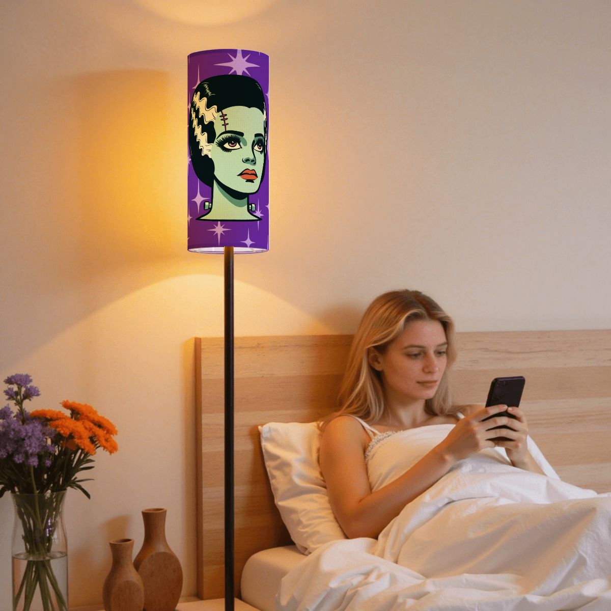 Bride of Frankenstein Retro Mid Mod Horror Buff Purple Halloween Slim Floor Lamp