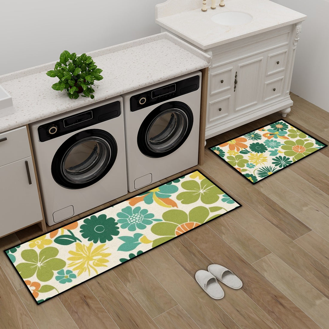 Mid Mod Flower Power 70s Groovy Kitchen Area Rug Set for Floor Non-Slip Washable - Mid Century Modern Gal